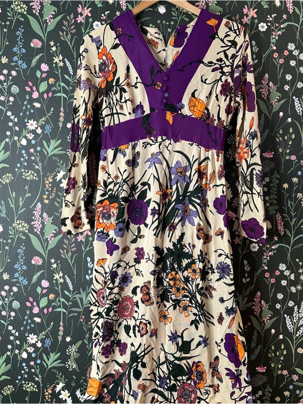 Vintage 70s Cream Maxi Dress with Purple and Orange Floral Print
